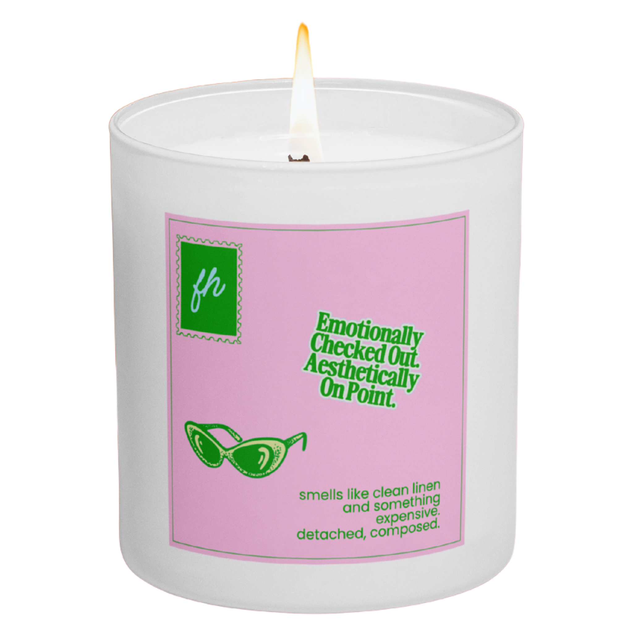 failed hobbies 'emotionally checked out. aesthetically on point' candle — clean linen and something expensive, hand-poured in austin
