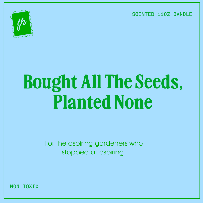 Light blue background with green text and 'fh' logo, featuring a humorous gardening pun.