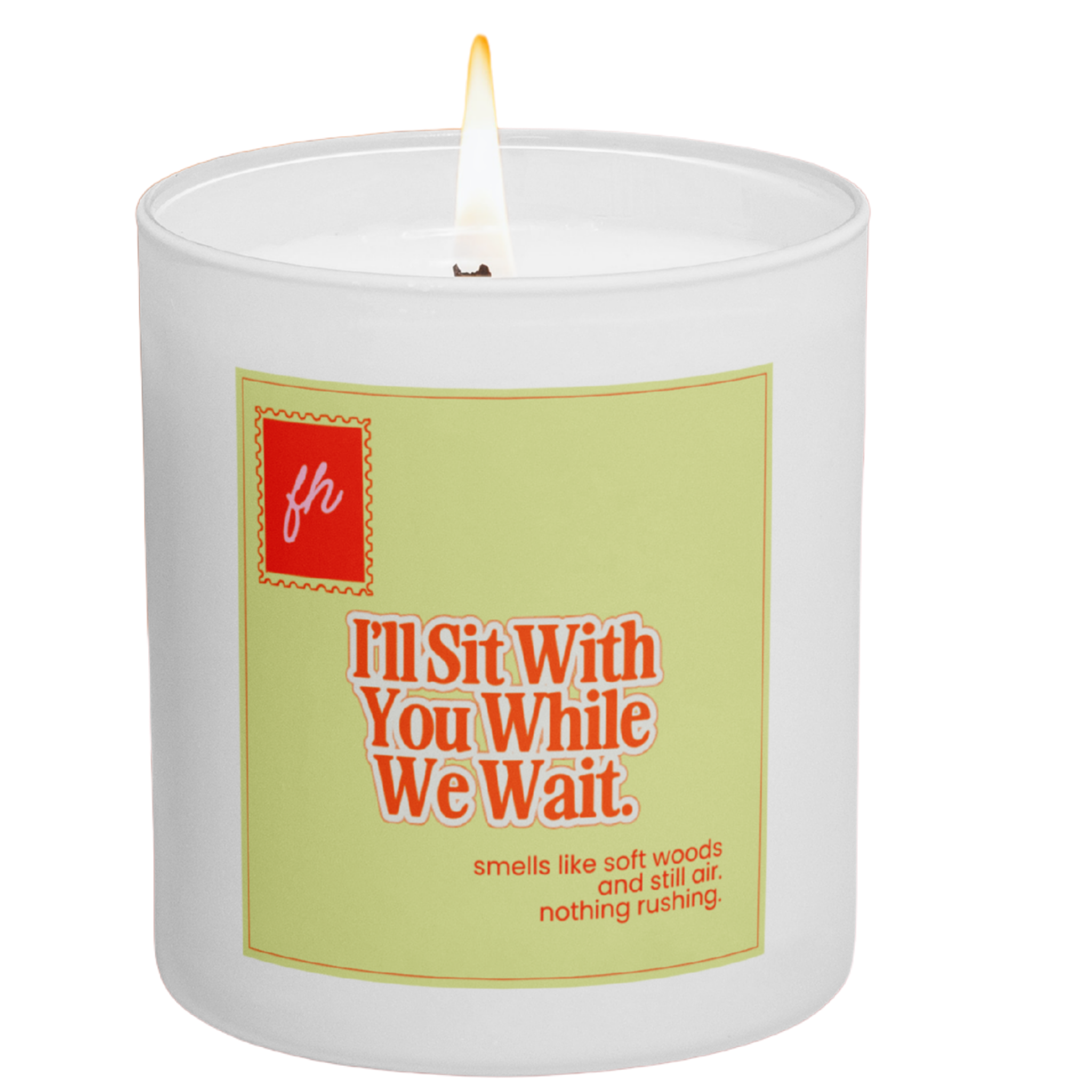 failed hobbies 'i'll sit with you while we wait' candle — soft woods and still air, hand-poured in austin